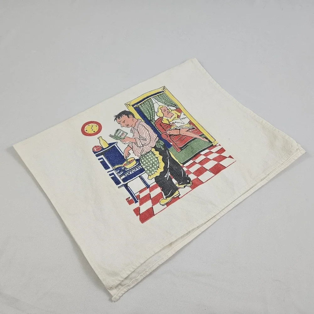 Vintage 1940-50s Novelty Comic Print Husband in Kitchen Tea Towel Wife Lounging